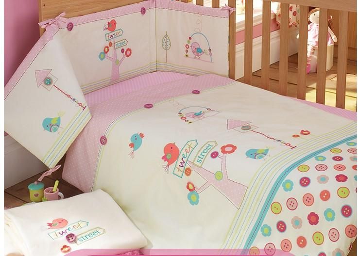 Embroidery Bird Flowers Tree Baby Bedding Set Pink 100 Cotton