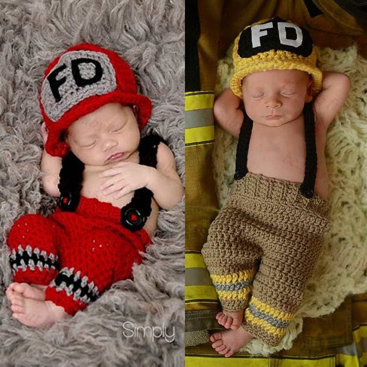 bombero foto del bebé infante Sombrero Set de ropa de punto recién nacido Sombrero