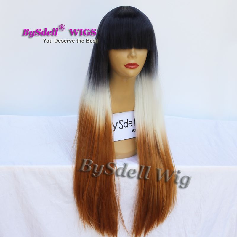 New Long Straight Hairstyle Wig Synthetic Three Tone Ombre Color
