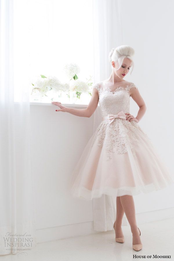pink tea length wedding dress