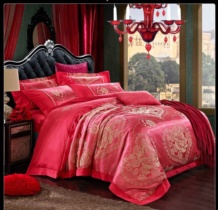 2015 New Design Red Jacquard Silk Satin Comforter Bedding Set Wedding Duvet Cover Bedclothes Bed