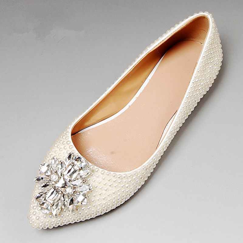 Elegant Pearl Wedding Shoes Flat Heel Diamond Bride Wedding Dress Shoes ...