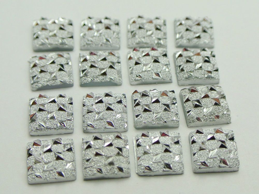 200 Silver Flatback Acrylic Glitter Stardust Square Rhinestone Cabochons 10X10mm