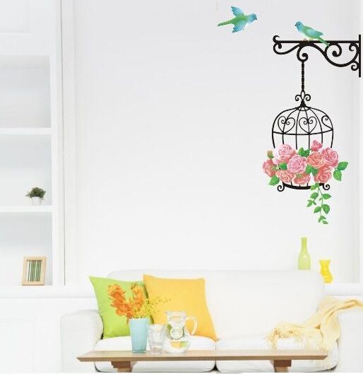Acheter Cage à Oiseaux Rose Fleurs Bleu Oiseau Sticker Autocollant Décor Salon Salon Art Décor Affiche Amovible Papier Peint Pvc De 161 Du