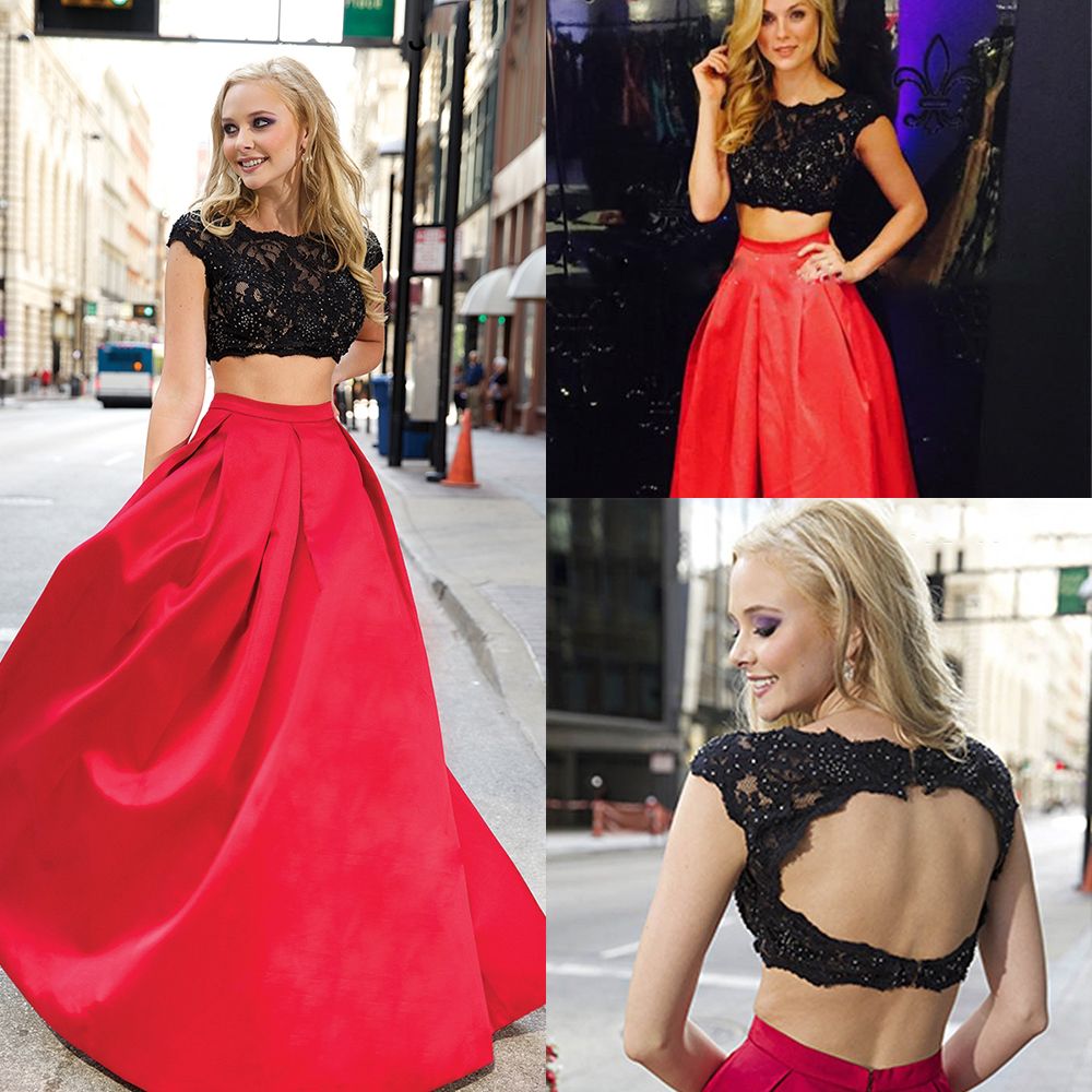 Crop Top De Encaje Rojo Vestidos De Dos Piezas Sexy Línea De Vestidos De Fiesta