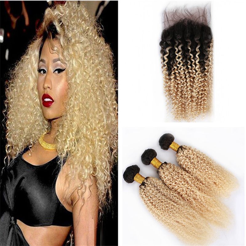 Two Tone 1b 613 Ombre Kinky Curly Hair Weaves With Closure