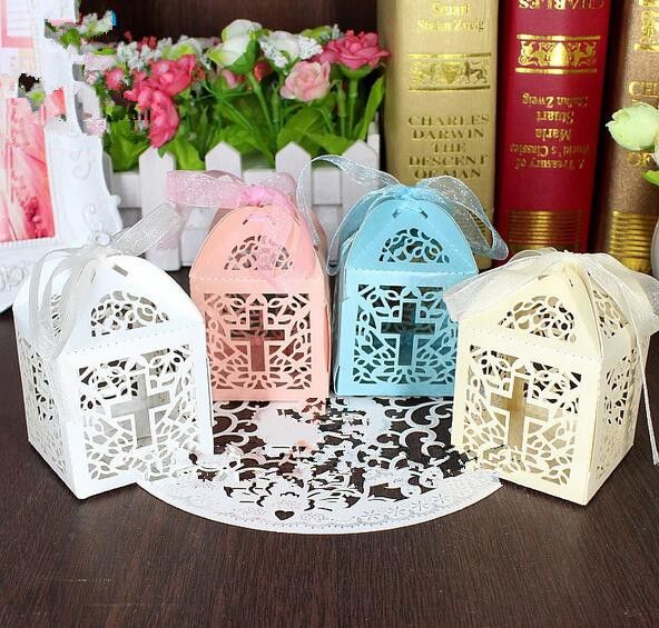2020 Jesus Christian Cross Favor Laser Cut Candy Gift Boxes With Ribbon