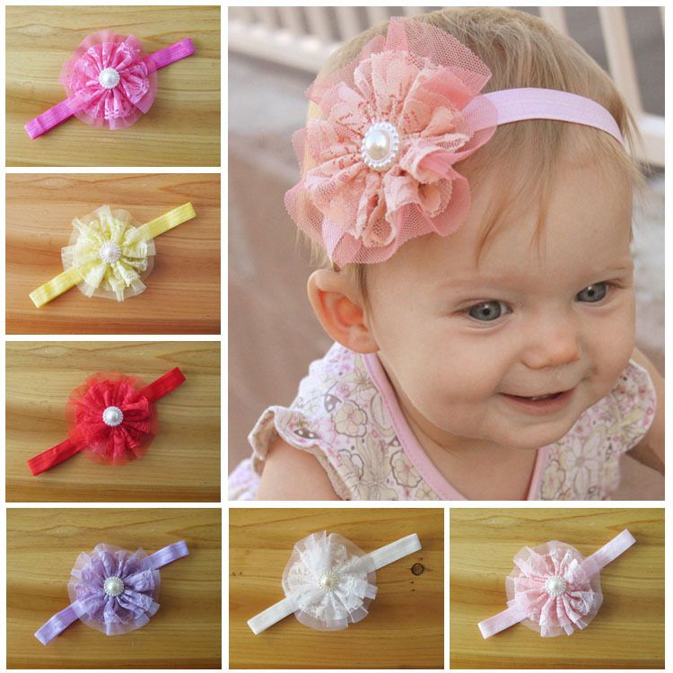 Baby Headbands Girls Lace Flowers /& Pearl Hair Bands Pink /& White ~ Soft Touch
