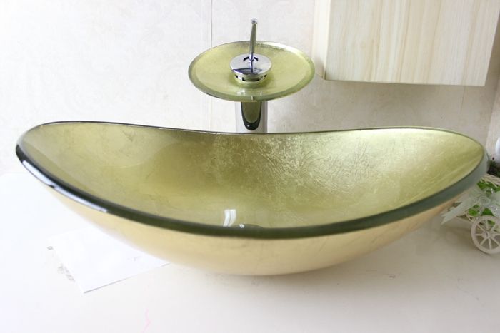 2019 Yellow Gold Tempered Glass Vessel Sink With Chrome Waterfull