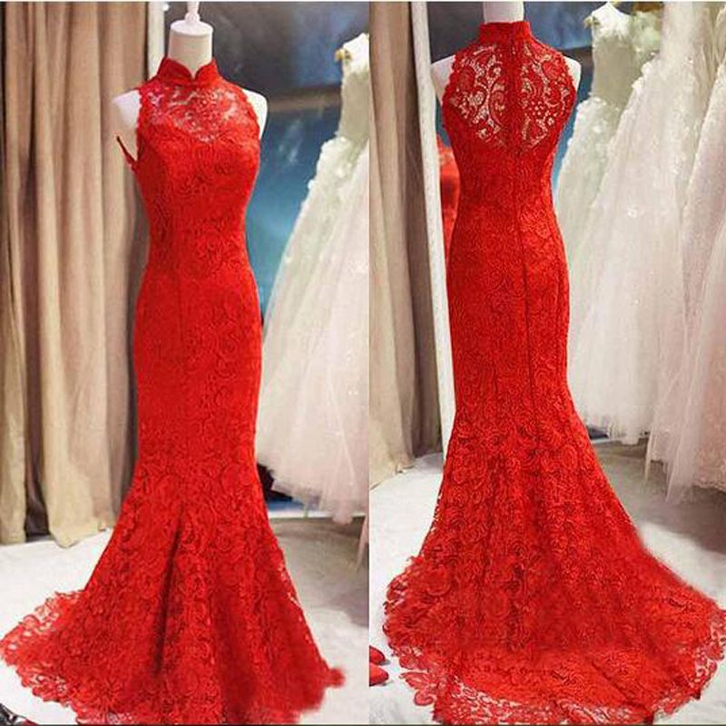 Show Room Prom Dress Red Lace Mermaid Design High Neck See Through