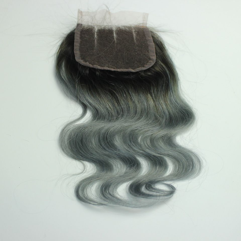 1b Gris foncé 4x4 Clôture en dentelle Brésilien Brésil Wave Hair ombre Human Hair Free Medd