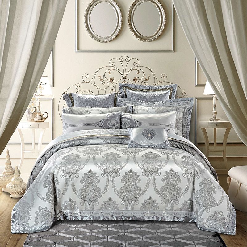 4 6 Grey Jacquard Silk Cotton Luxury Bedding Set King Size Queen