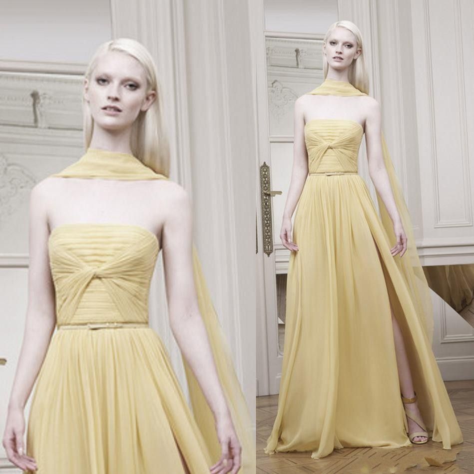 Elie Saab 2016 Prom Dresses 스트랩리스 A 라인 플리츠와 함께 공식적인 이브닝 가운 샴페인 시폰 사이드 스플릿 연예인 드레스