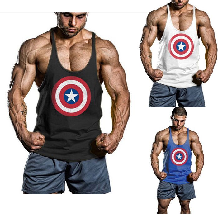 2019 Captain America Gym Clothing Cotton Men Tank Top Hurdles Singlets Bodybuilding Vests Exercise Fitness Wear Mens Sleeveless Shirts Stringer From