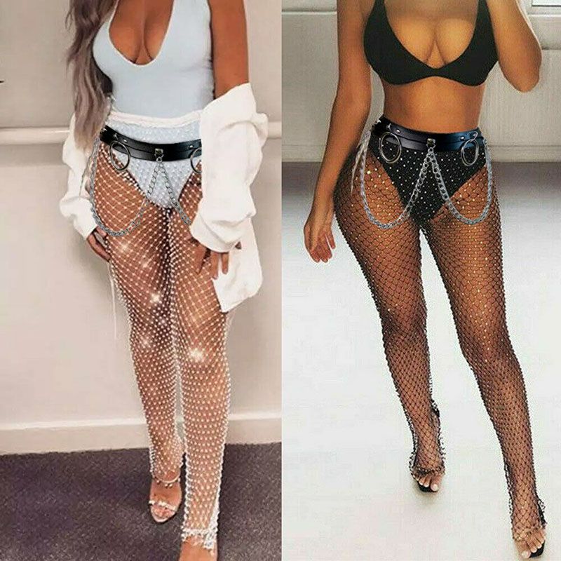 Womens Fishnet Rhinestone Mesh Pants 