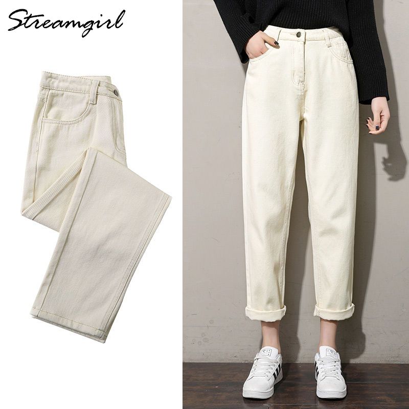 high waisted white boyfriend jeans