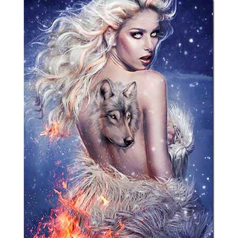 YSCOLOR Diamond Painting Parete 3D Donna Con Lupo Pittura Diamante Diy Mosaico Diamanti Rotondi Kit Ricamo Diamante Pieno Decorazioni Per La Casa Moderne 30X40cm 