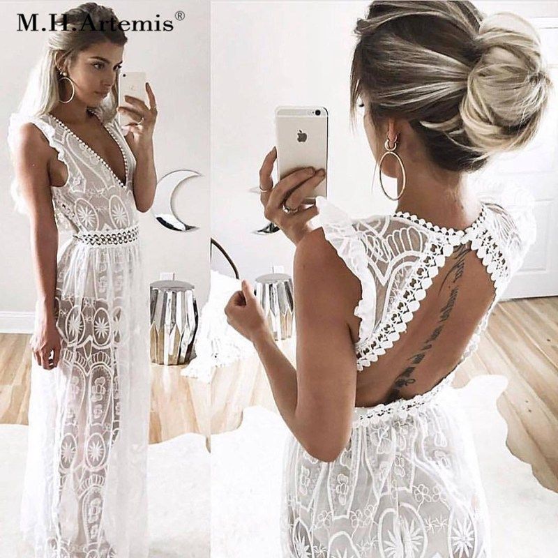 Compra Vestidos De Fiesta M.H. Vintage Vestido De Encaje Transparente Con  Cuello En V Profundo Sin Respaldo Vintage Ahuecado Por Largas Bodas Playa  Verano Vestidos De Verano Barato | Entrega Rápida Y