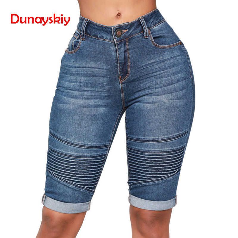 Jeans ajustados Mujeres Pantalones cortos de mezclilla elásticos tiro medio Mujer Verano hasta rodilla