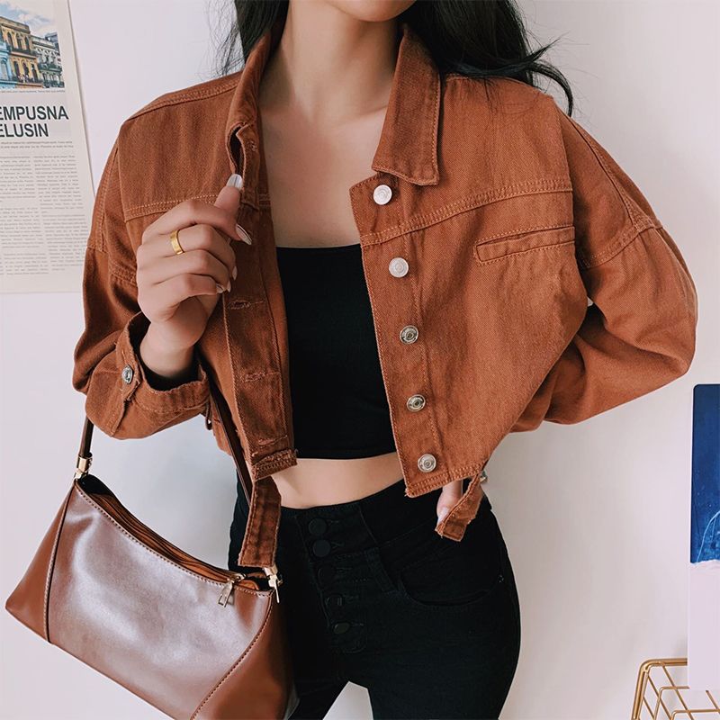 cropped tan denim jacket