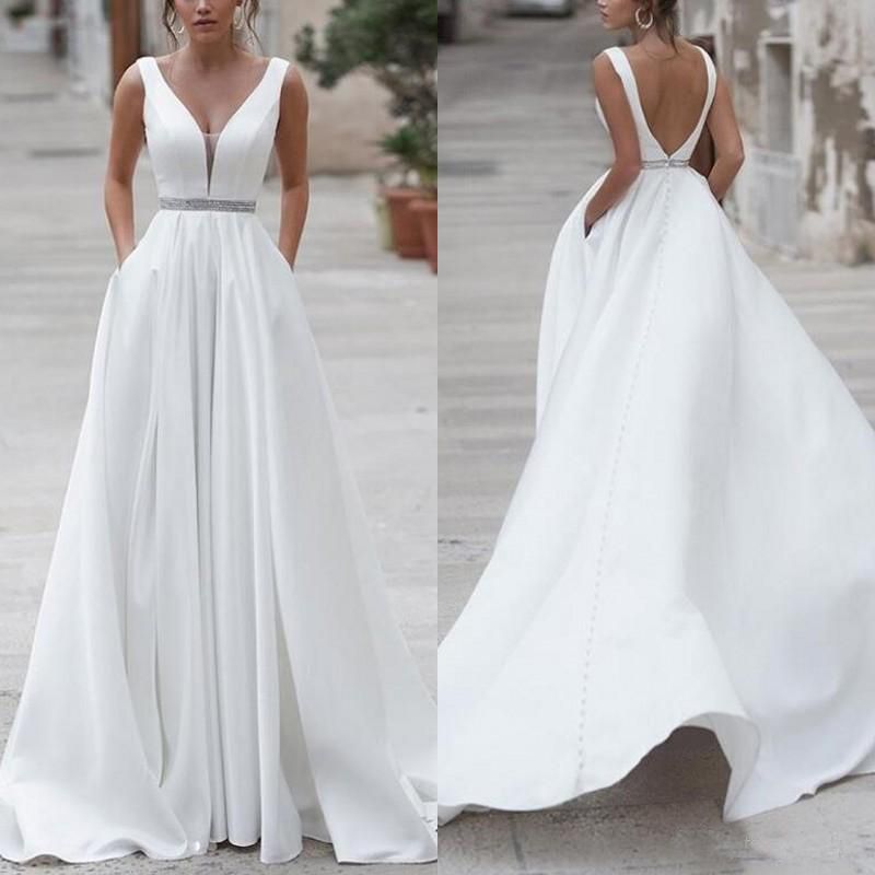 Vestido De Noiva Cetim 2019 Vestidos De Noiva De Cetim A Linha Trem Da Varredura Simples Decote Em V Plus Size Vestido De Noiva Com Bolso Vestido De Noiva Casamento De Veralove999,