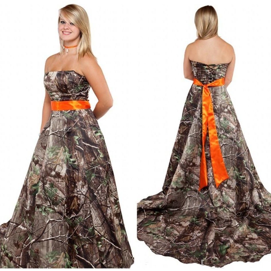 Discount Modest Camo Wedding Dress With Orange Sash