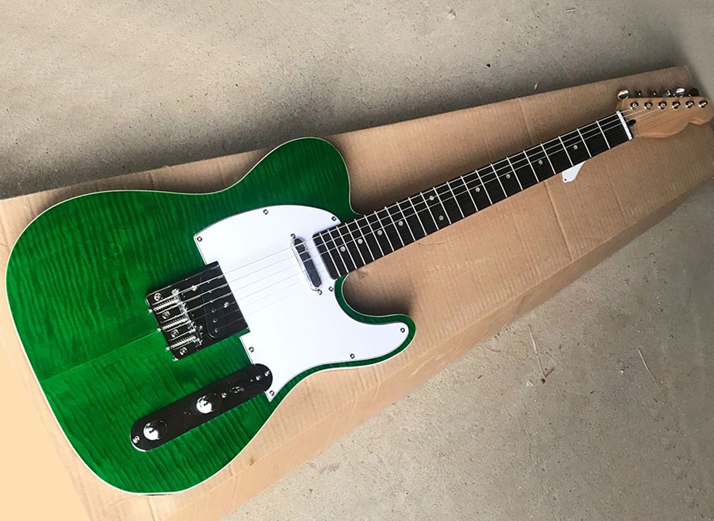 Green Electric Guitar With White Pickguard,Rosewood Fretboard,Flame Maple Veneer,Can Be