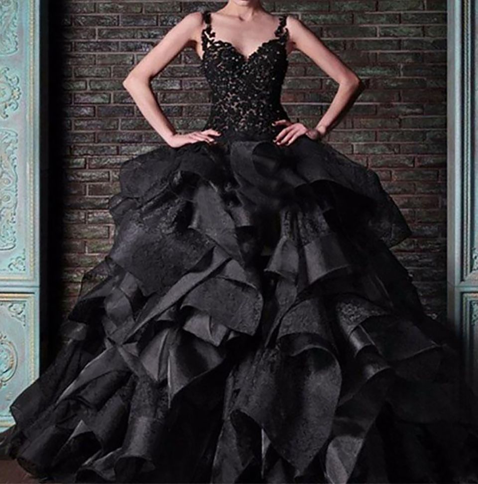 black ruffle ball gown