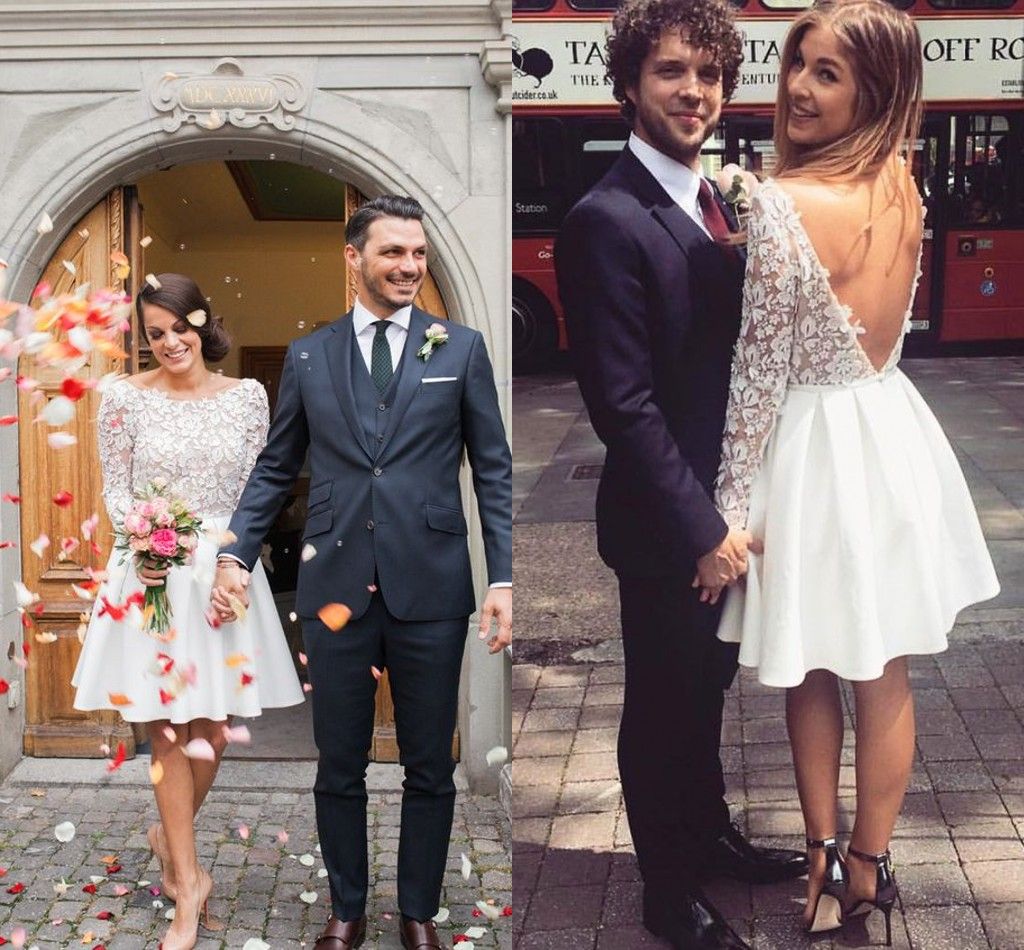long sleeve short white wedding dress