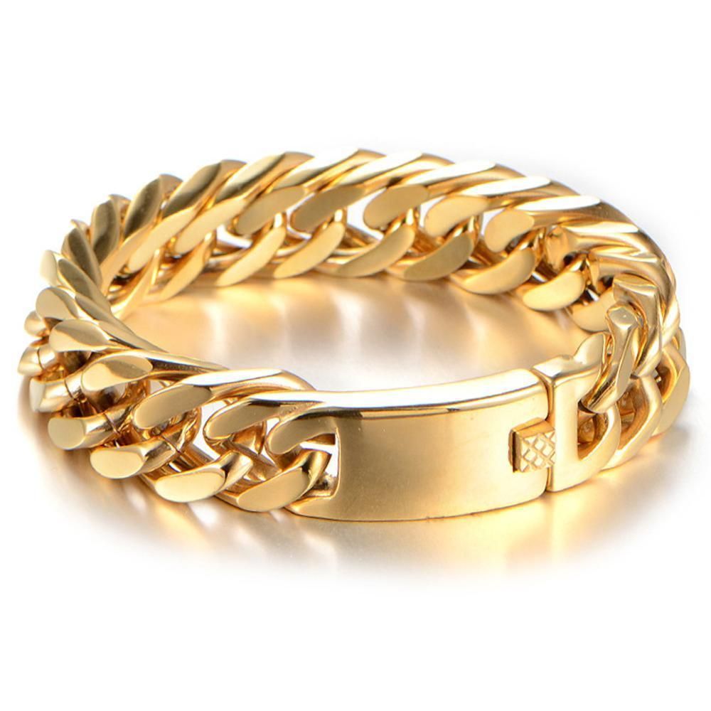 Cool Men Stainless Steel Gold Tone Bracelets Mens Hand Wrist Chain 15mm