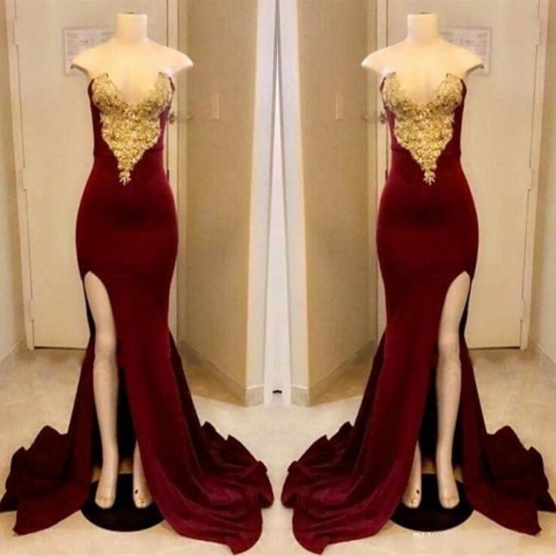 Long Dark Red Prom Dresses 2019 Sexy Strapless Gold Applique With High Slit Party Dress Floor Length Formal Evening Gowns Prom Dresses 2014 Prom