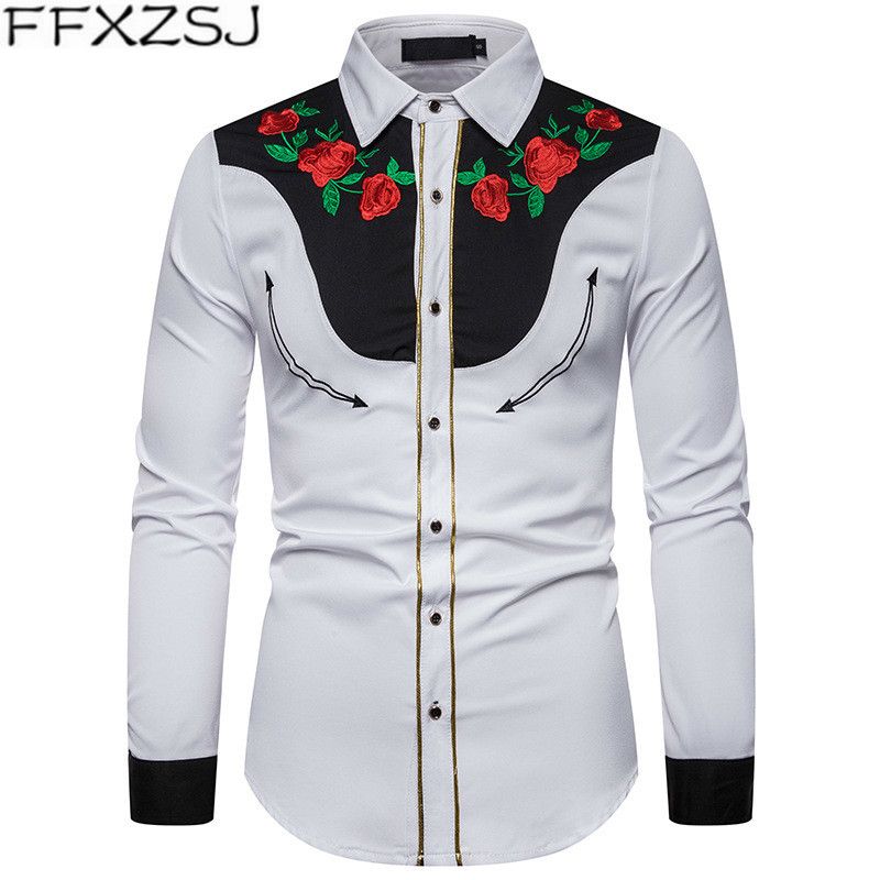 Camisas casuales para hombres Bordado de flores Camisa occidental Hombre mexicano Hombre Slim Fit