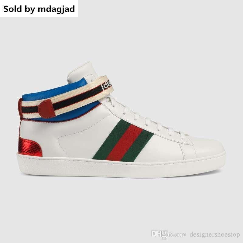 Compre Stripe Ace Bordado Alta Sneakers Mens Designer Shoes Com Abelha  Imprimir Womens Couro Branco Com Verde E Red Web Calçados Casuais Barato |  Entrega Rápida E Qualidade | Pt.Dhgate