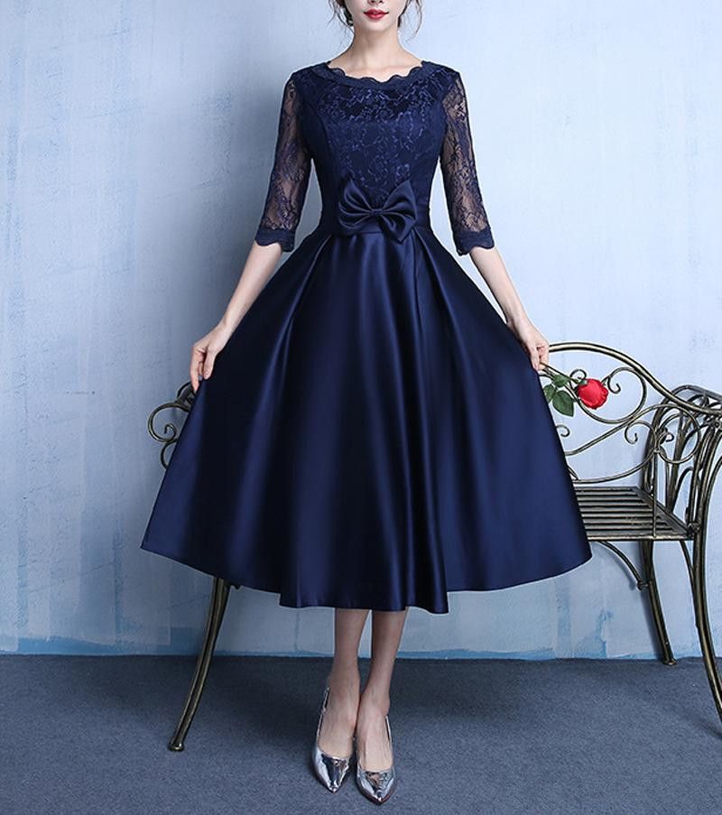 Dark Navy Elegant Satin With Lace Tea Length Evening Dresses With Bow