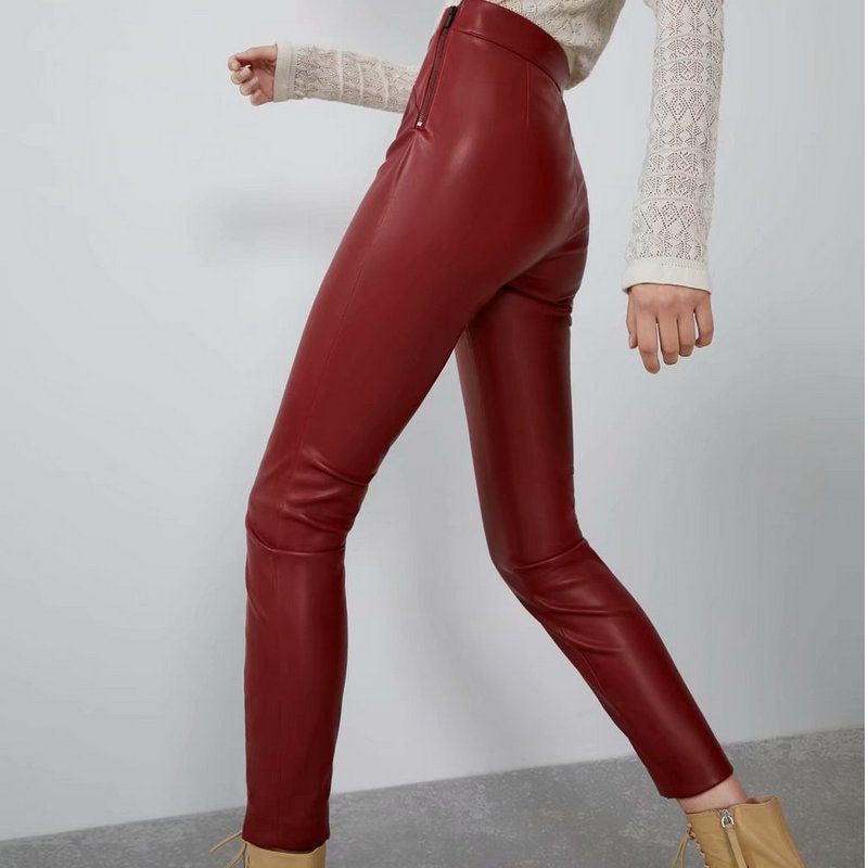 red faux leather trousers