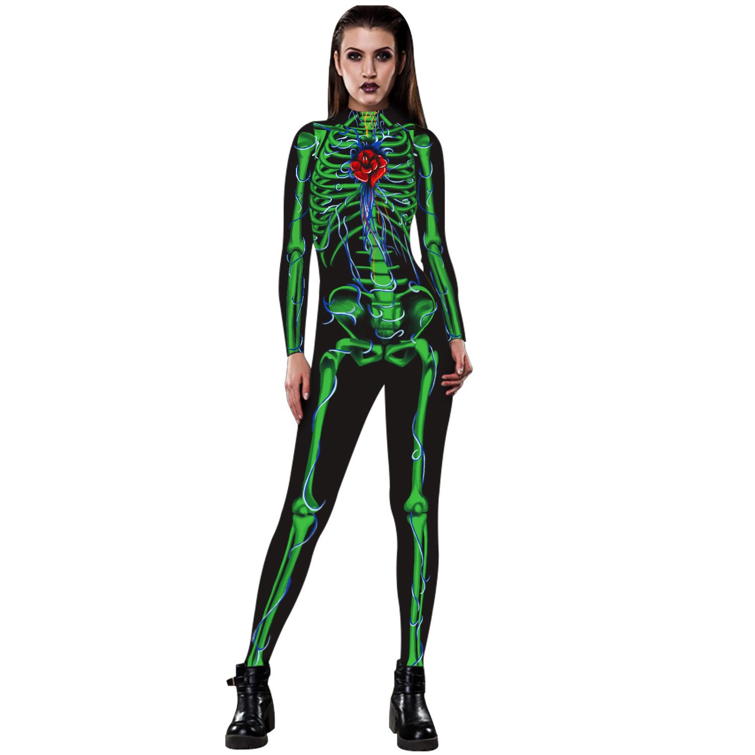 Women Ladies Sleeveless Bodycon Halloween Skeleton Skull Bone Print Jumpsuit