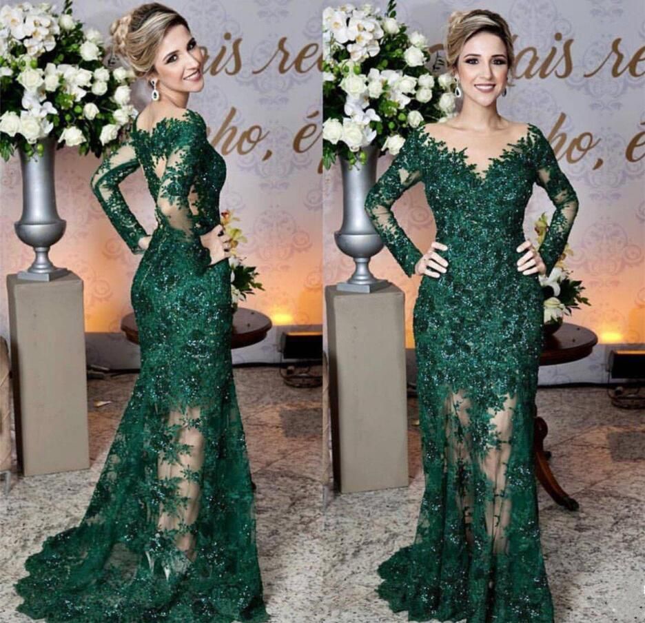 Compra Elegante De Color Verde Oscuro Esmeralda Apliques De Encaje De Manga  Larga Vestido De Fiesta Sheer Mermaid Prom Lady Evento Fiesta Desgaste  Noche Maxi Vestido Por Encargo Barato | Entrega Rápida