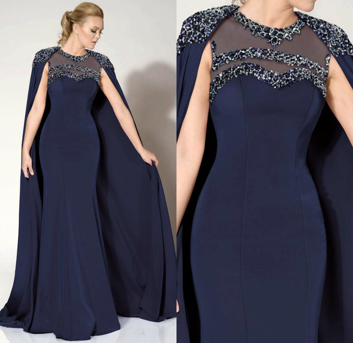 Dark Navy Evening Dresses With Wrap Beads Sequins Jewel Neck Satin Sweep Train Mermaid Prom