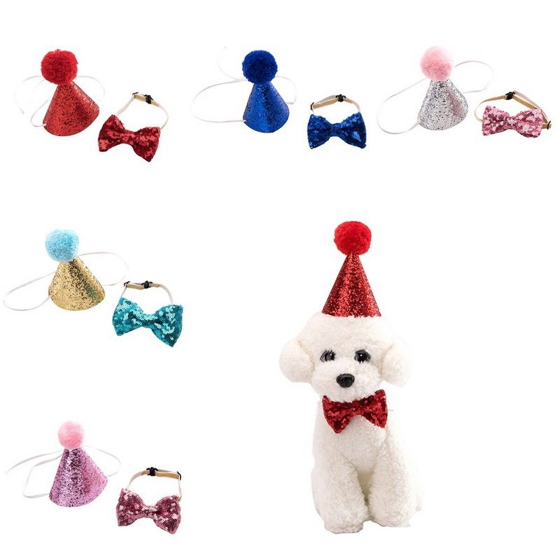2020 Dog Birthday Hat Bowknot Tie Shiny Dog Cat Headband Christmas