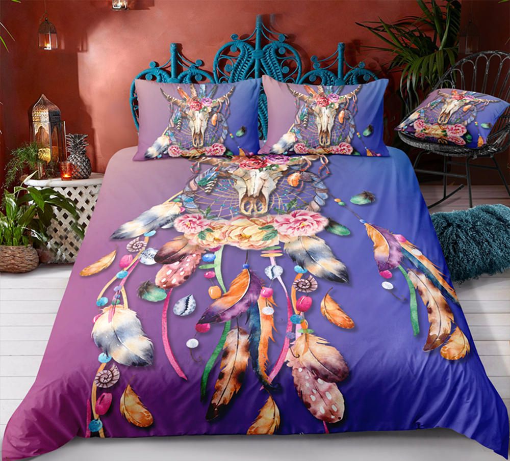 Purple Dreamcatcher Bull Head Bedding Set King Size Watercolor