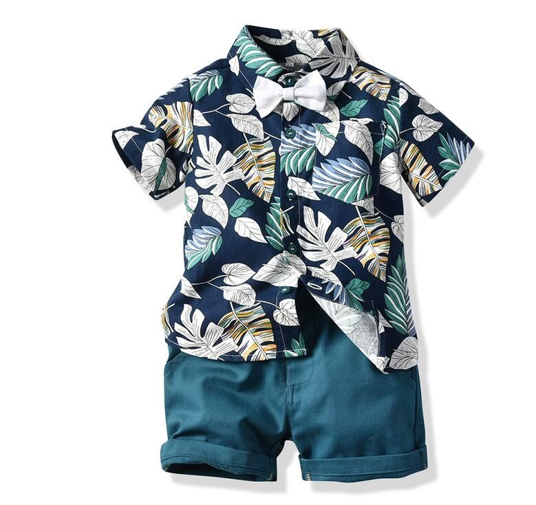2021 Top And Top Boy Clothing Set Summer Fashion Floral Short Sleeve Bowtie Shirt + Shorts Boys