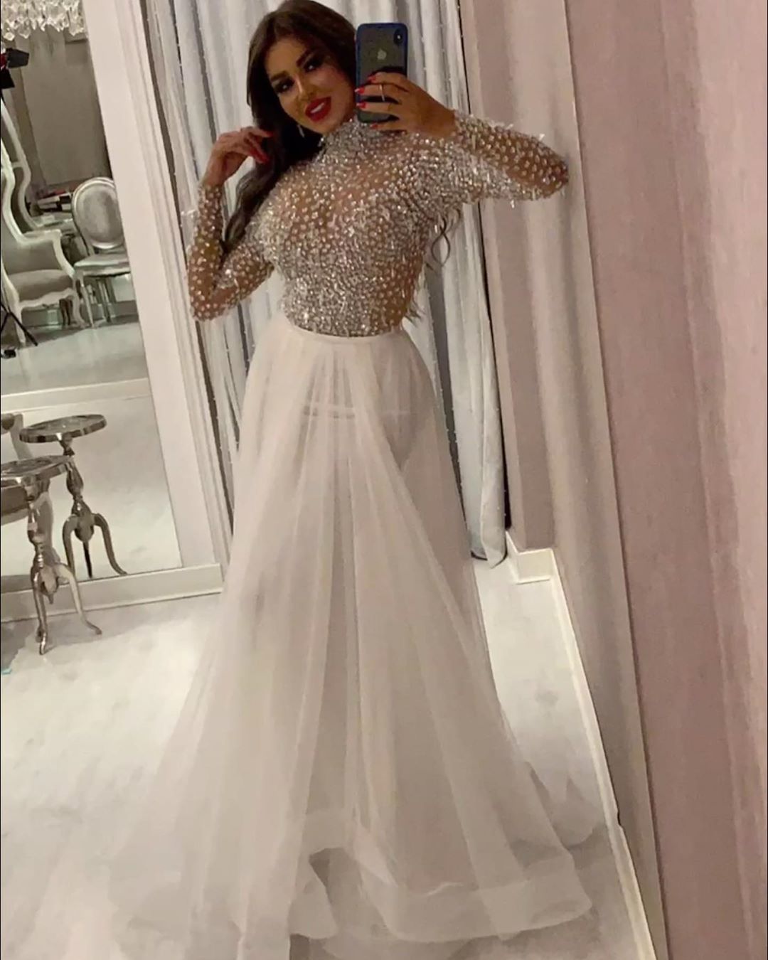 long sleeve beaded prom dress