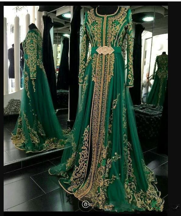 2020 Emerald Green Muslim Formal Evening Dresses Long Sleeves Abaya Designs Dubai Turkish ...