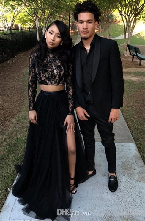two piece black lace prom dress