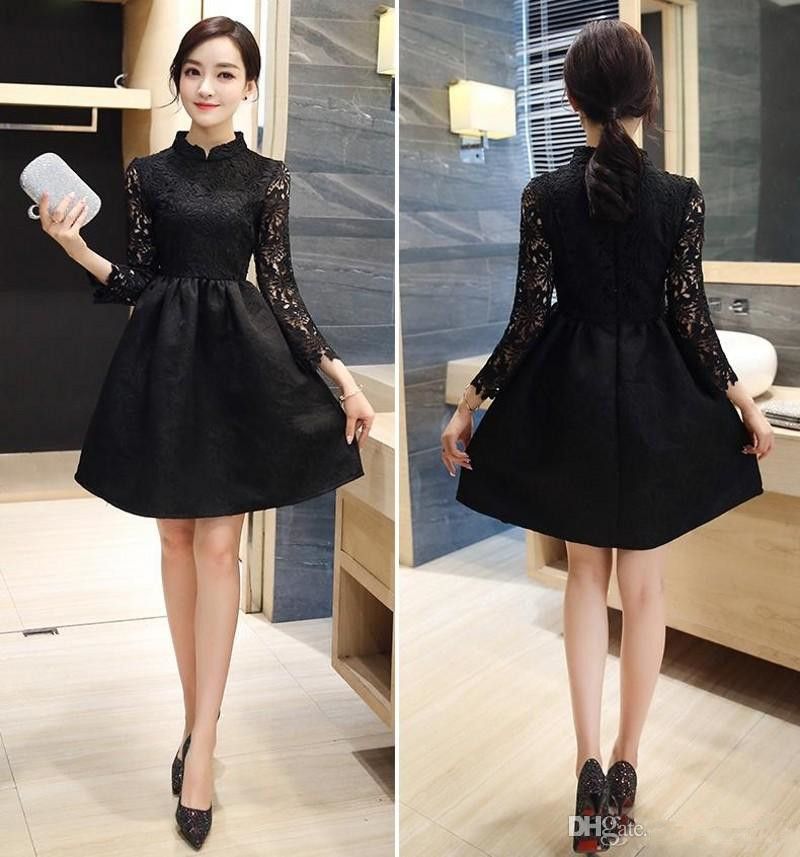 Compra 2020 Cuello Alto Chino Little Black Homecoming Vestidos De Encaje  Mangas Largas De Graduación Gabos De Fiesta De Graduación Con Cremallera  Mini Un Vestido De Línea Barato Barato | Entrega Rápida