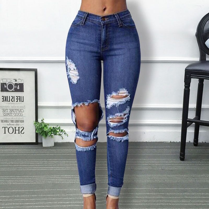 2019 estilo de agujero rasgado jeans mujeres jeggings denim de cintura alta capris
