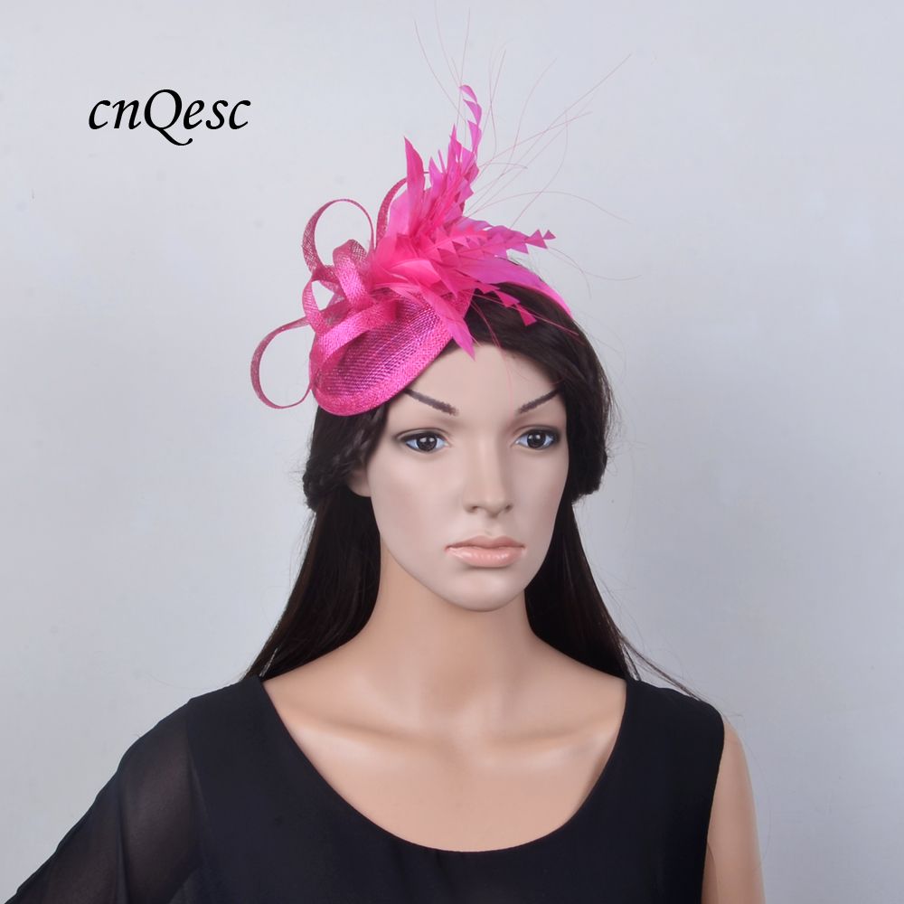 Accessoires Hoeden & petten Fascinators & Minihoedjes kentucky derby hats fascinator hot pink sinamay with fuchsia pink rose black velvet leaves and light pink feathers 