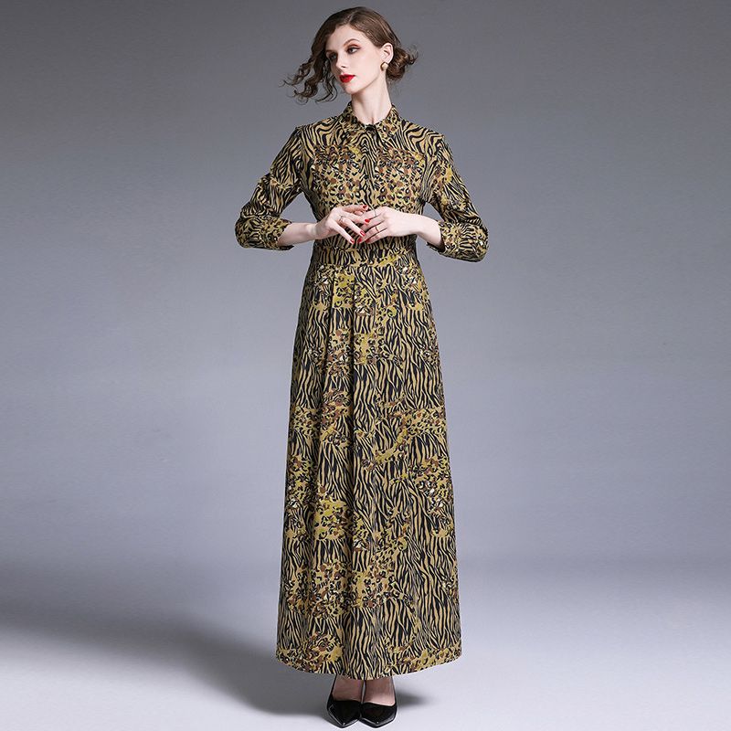 stylish green floral print long sleeve maxi dresses