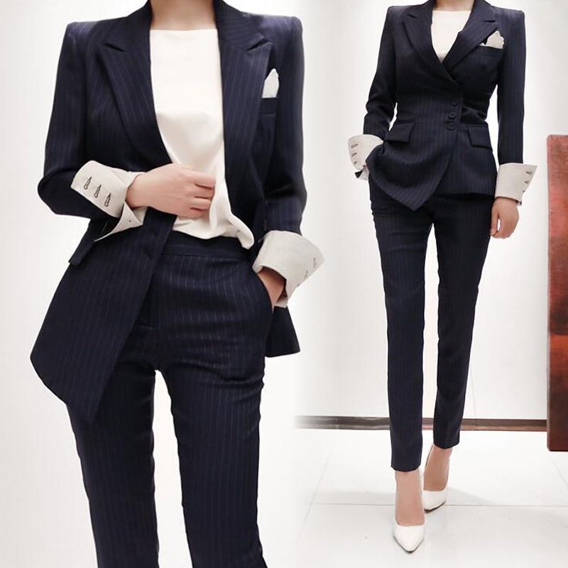 2021 Womens Formal Suits Work Pant Suits Sets Striped Blazer Jacket