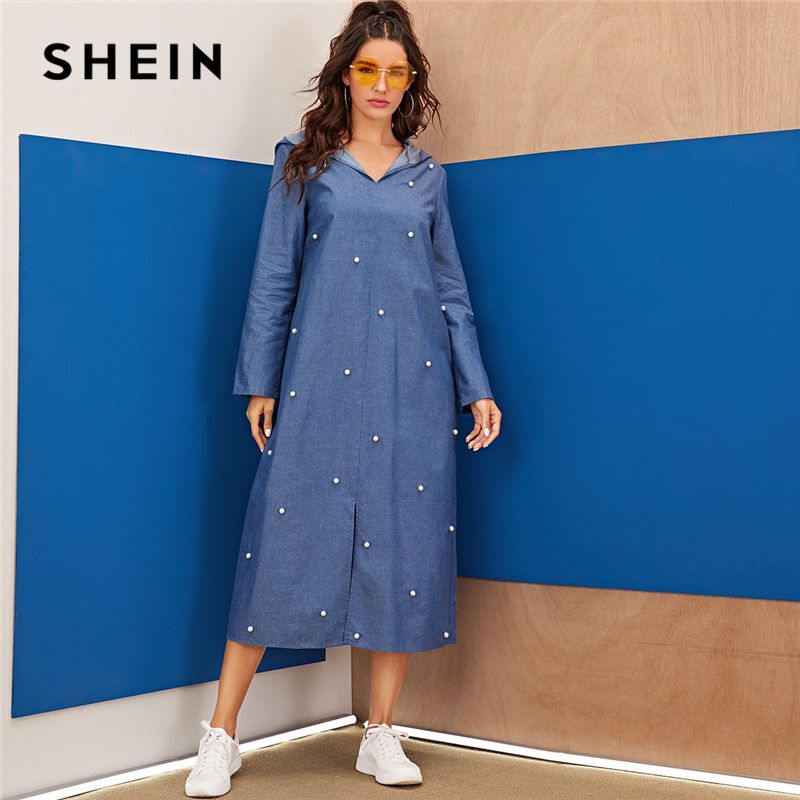 Acquistare Shein Blu Abaya Perle Perline Split Del Denim Del Bordo Hoodie  Dress Maglia A Manica Lunga Autunno Solido Allentato Casuale Vestiti Lunghi  Economico | Consegna Veloce E Qualità | It.Dhgate